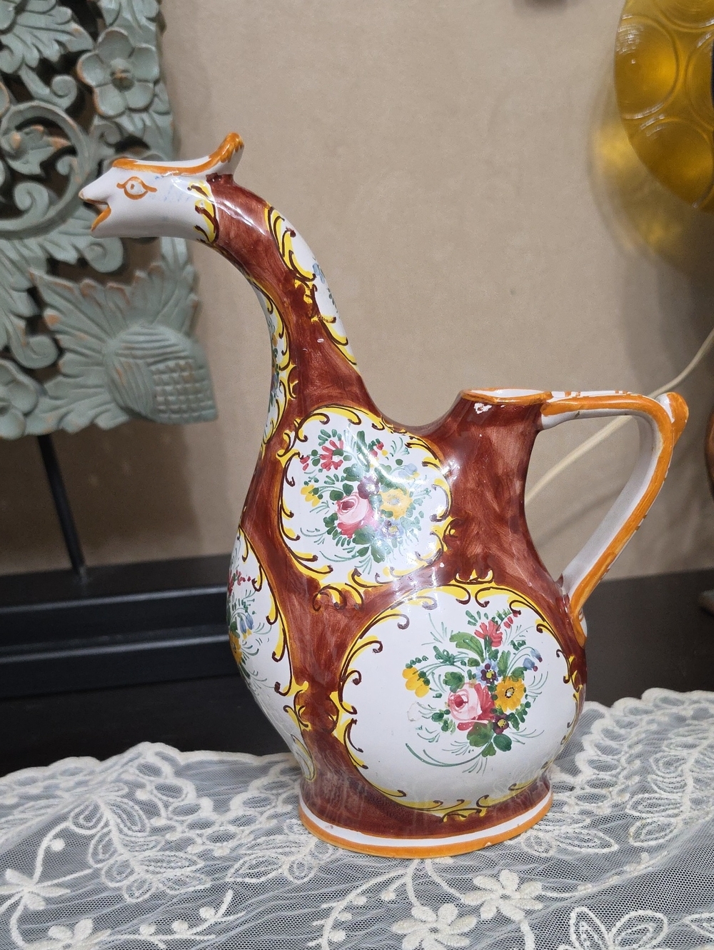 vintage Italian majolica rooster pitcher 1970 Ceramic By CASTELLI Abbruzzo